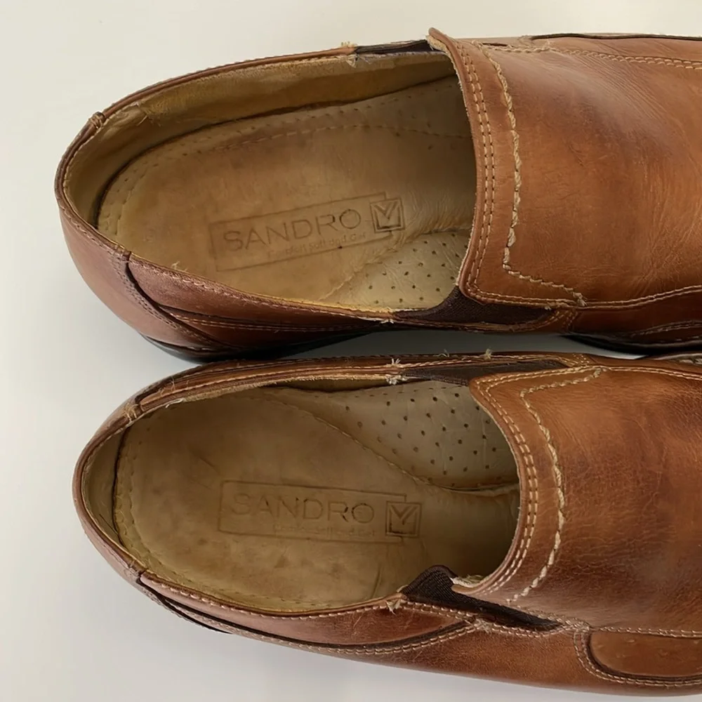 Sandro men’s 9.5 D tan‎ leather slip on loafer. Comfort Soft.  Made in Brazil.